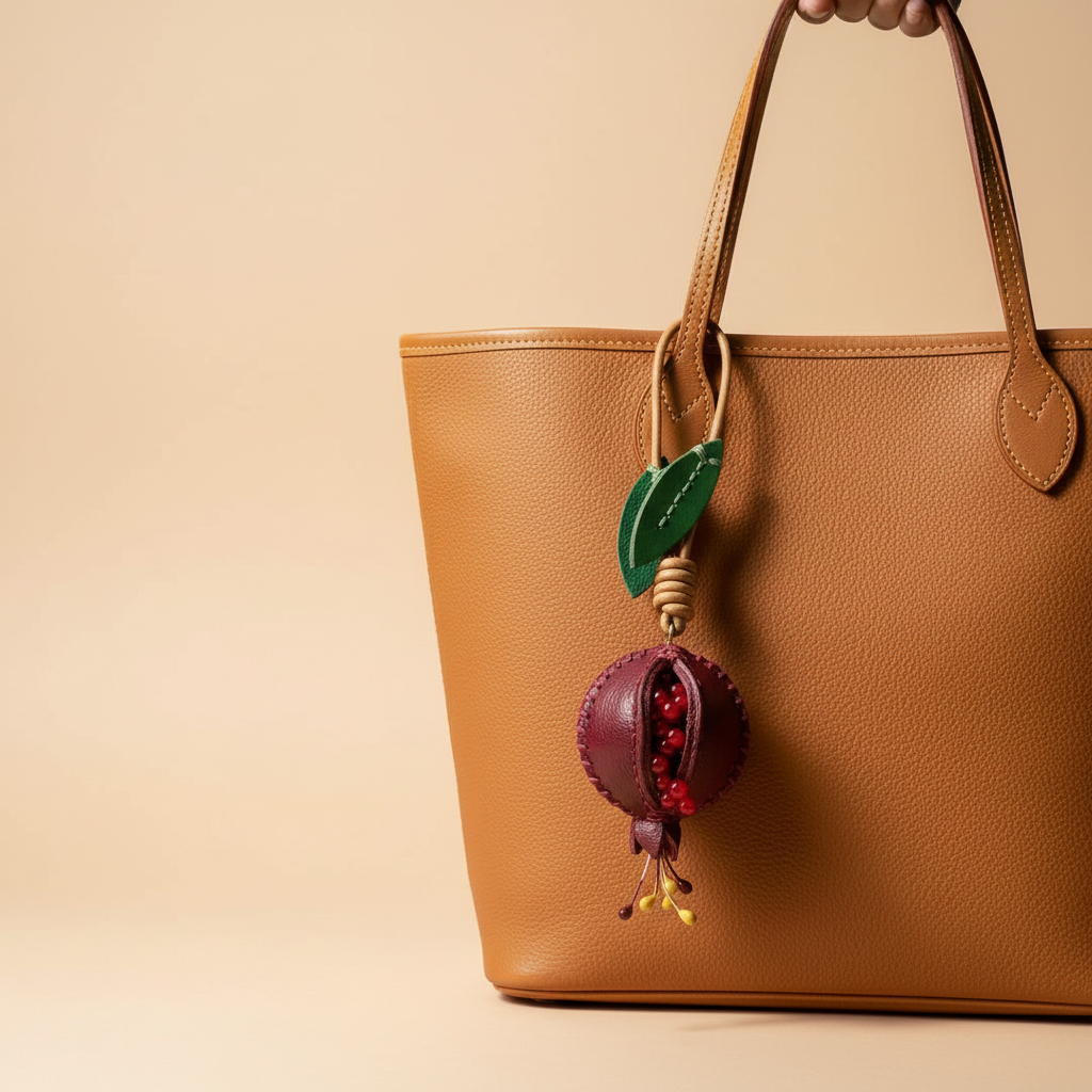 Bijou de Sac Grenade Verger présenté sur un sac caramel