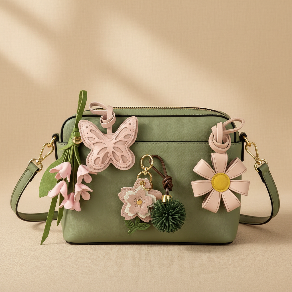 Collection de bijoux de sac Verger présentée sur un sac vert