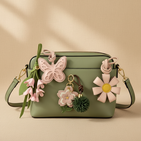 Collection de bijoux de sac Verger présentée sur un sac vert